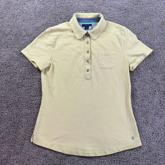 Tommy Hilfiger Shirt Womens Medium Yellow White Polka Dot Short Sleeve Polo FLAW - Picture 1 of 15